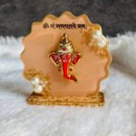 3 Inch Luxury Peach Resin Ganpati Idol with Golden Flakes